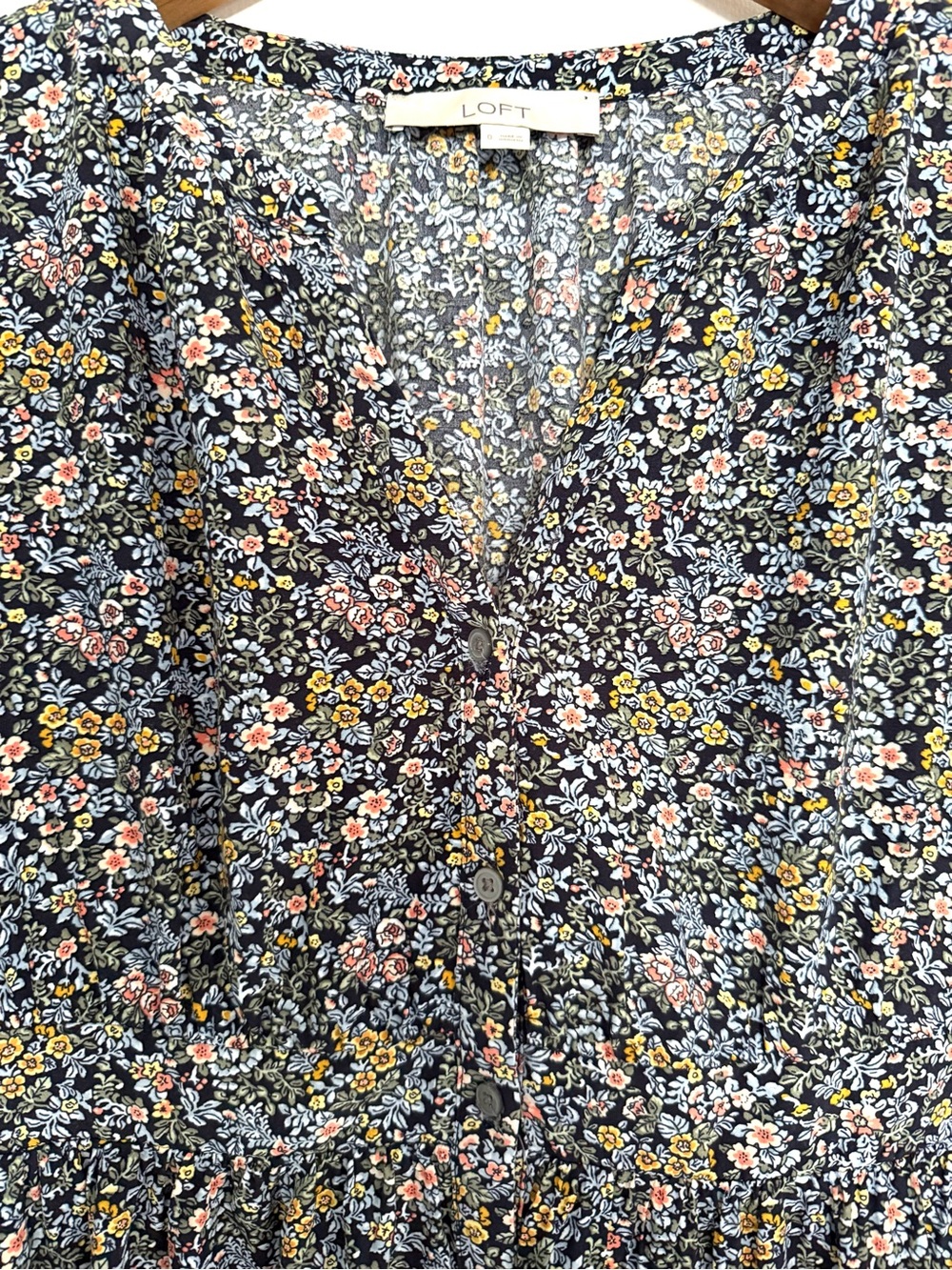 LOFT Navy Blue Floral Long-Sleeve Button Down Midi Dress - Picture 6 of 16